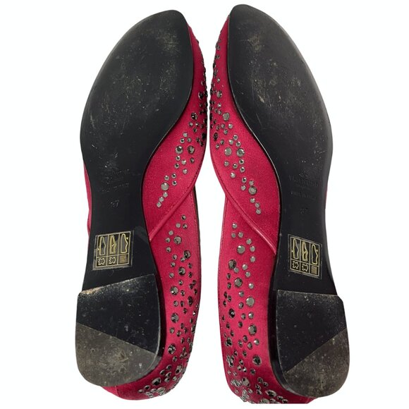VALENTINO GARAVANI Red Satin Crystal Embellishments Flats EU 37 Bedazzled Ballet - Picture 4 of 11